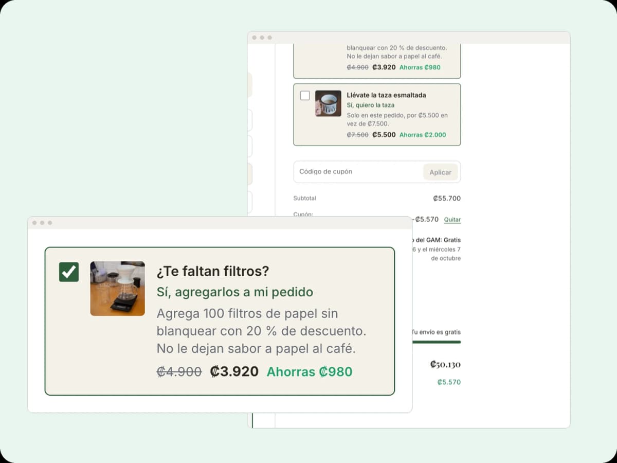Página de pago con una oferta adicional en una casilla